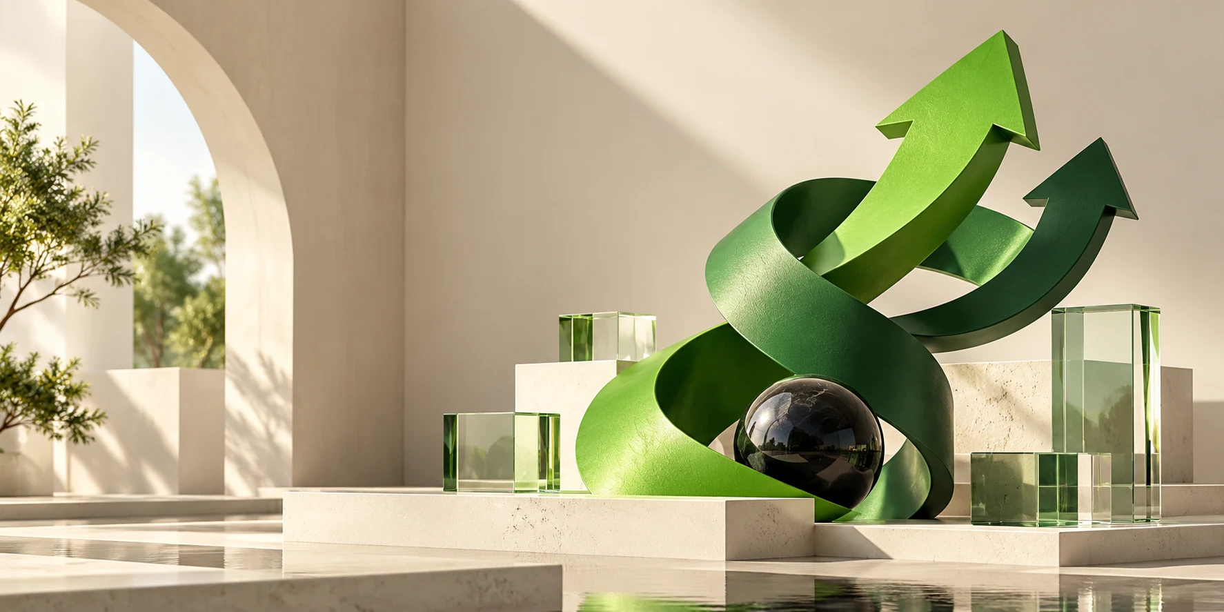 Sculptural green arrows and glass forms representing connected business growth